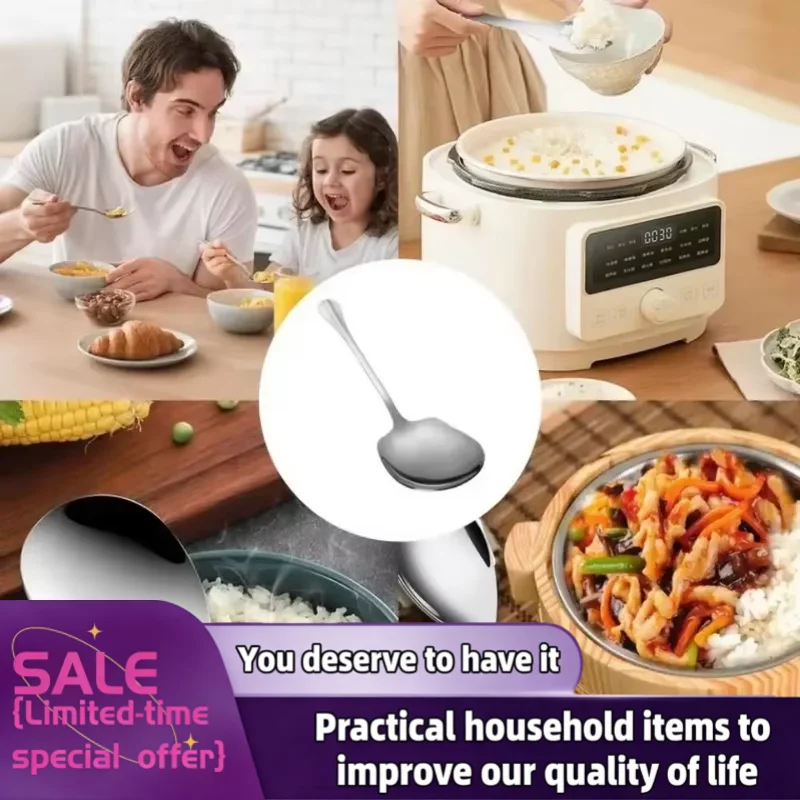 Kitchen Appliances Large - 1 ชิ้น ช้อนตักข้าวสแตนเลสขนาดใหญ่ ช้อนเสิร์ฟโลหะตามหลักสรีรศาสตร์ ช้อนส้อมครัว อุปกรณ์เสิร์ฟสลัด