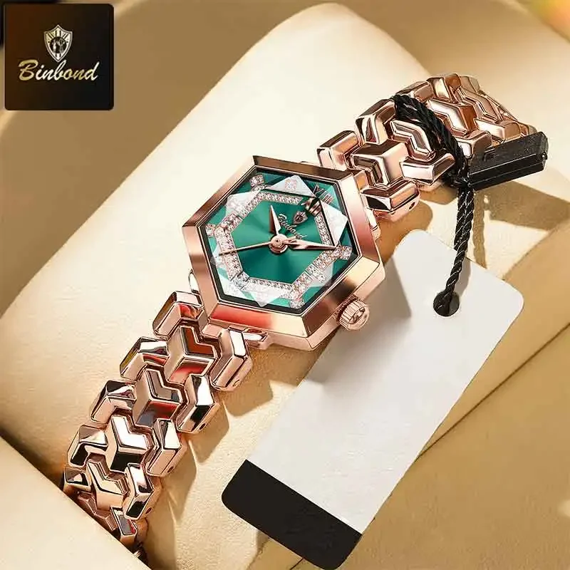 BINBOND Fashion Elegant Women Quartz Watch Rhombus Mirror Waterproof Wristwatch Luminous Diamond Dial Original Ladies Watch