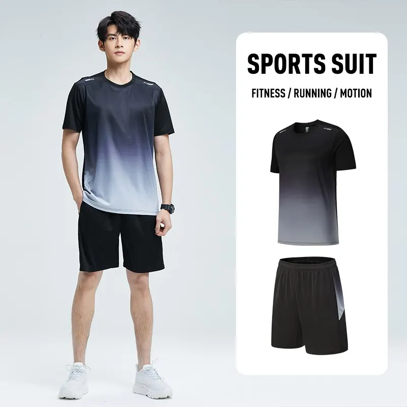 

Fashion Gradient Print Men's Sports Sets Summer Casual O-neck Short Sleeve Tops Shorts 2 Piece Outfit Daily Casual Run Tees Suit