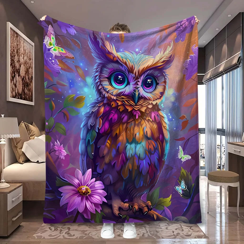 1pc Rainbow Glowing Owl Purple Floral Print Flannel Blanket, Skin-Friendly And Cozy, Suitable for Blankets, Kids Bed Covers, Gam