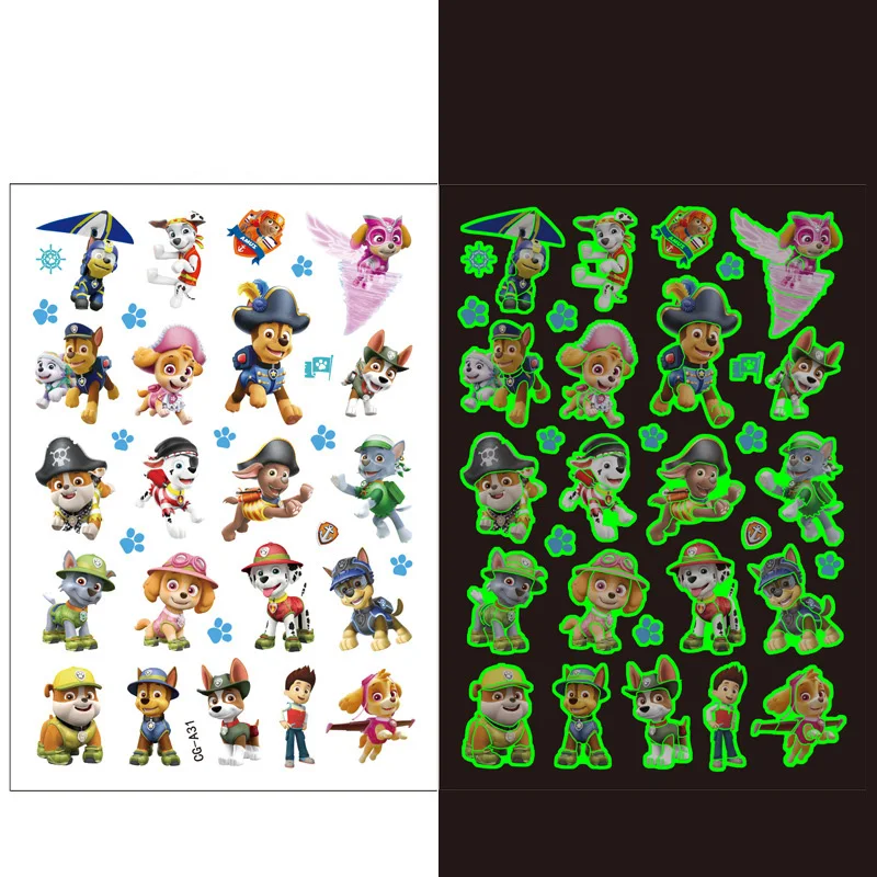 New Luminous Tattoo Sticker Paw Patrol Children Arm Face Glowing Tattoo Children Body Tattoo Ryder Marshall Rubble Sticker