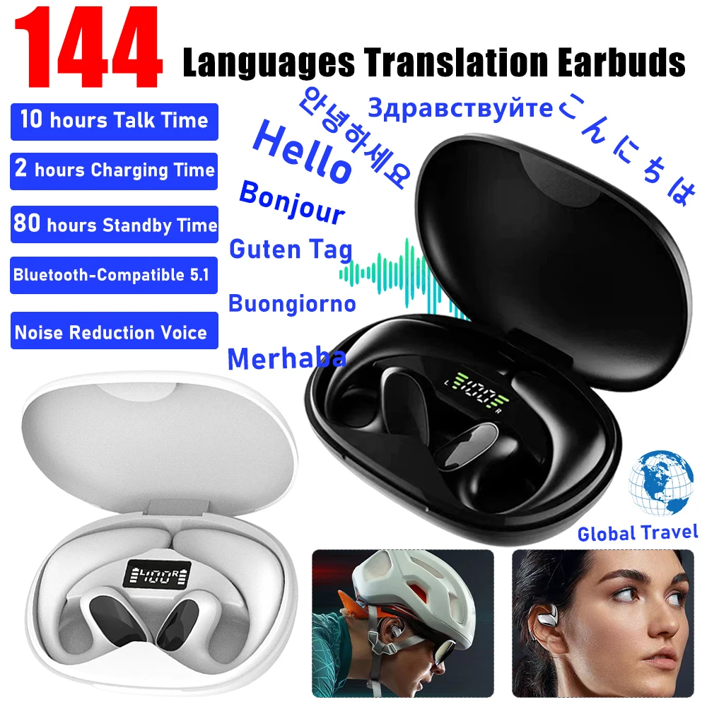 144 Languages Translation Earbuds Bluetooth-Compatible 5.1 Smart Voice Translator Noise Reduction Earphones for Android and iOS