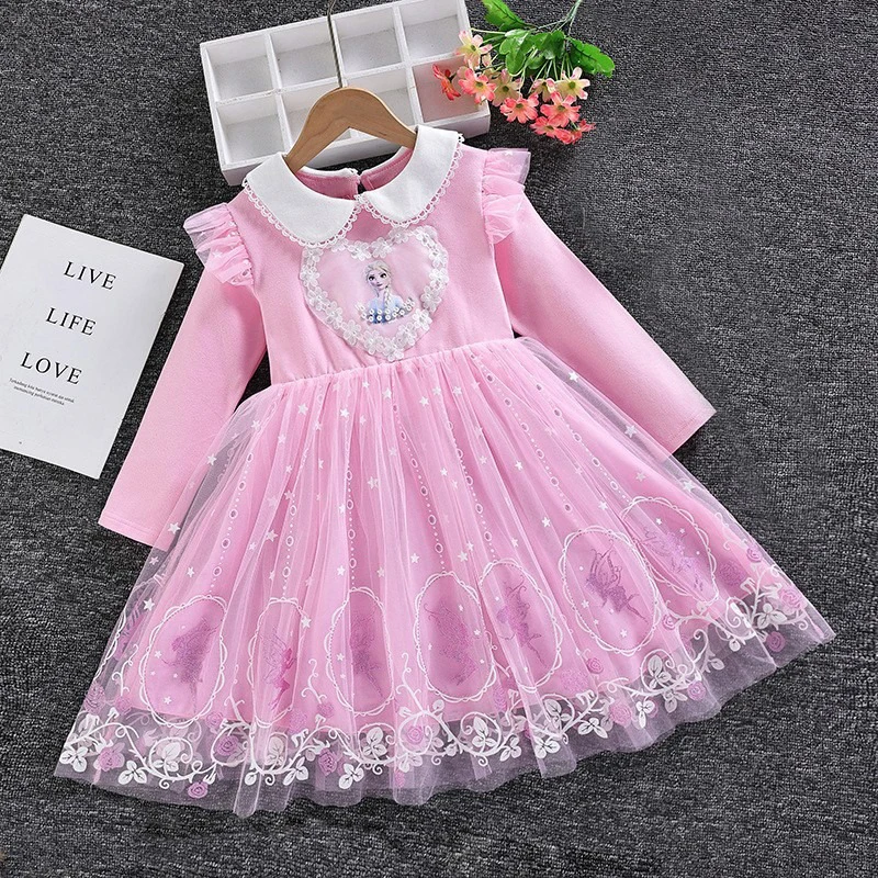 Disney Girls Dress Long-sleeved Frozen Princess Dress for Children Gauze Blue pink Kids Dress  Elsa Anna Birthday Party Clothes