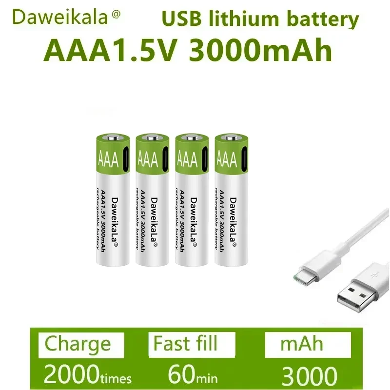 New 1.5V AAA Rechargeable Battery 3000mAh Rechargeable AAA Battery Lithium Polymer Battery Quick Charging by Type-C USB Cable