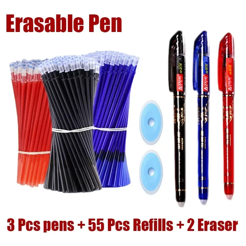 60 Pcs/Set Erasable Pen Gel Pens 0.5mm Blue/Black ink Refills Rod Washable Handle School Writing Office Stationery pencil