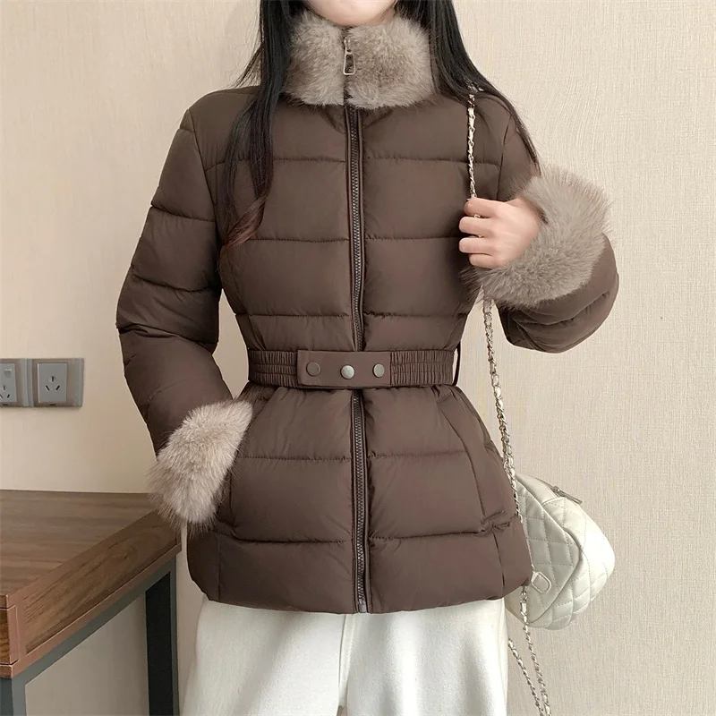 2026 Fashion Short Winter Parkas Women's Cotton-padded Jacket Thicken Warm Fur Stand-up Collar Coats Sashes Slim Bread Outerwear