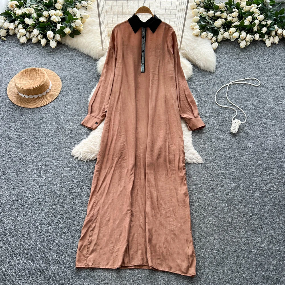Chic vintage Polo-Neck long sleeve rhinestone solid Elegant Fairy korean fashion Boho Sundress women clothing Long dress