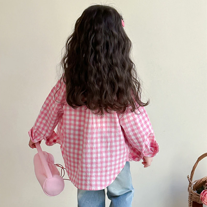 2-7T spring autumn child kids girls cotton plaid full sleeve blouse