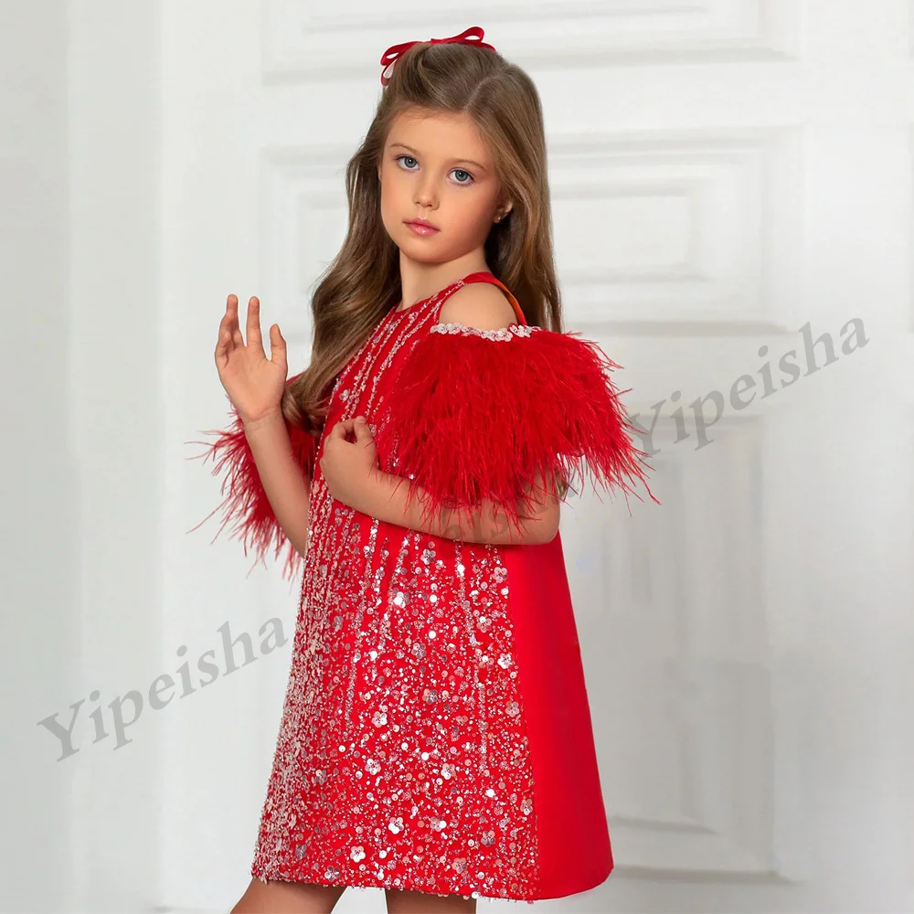 Vestido menina flor com penas, fora do ombro, pescoço redondo, perolização, lantejoulas, vermelho, cetim, vestido de comunhão para meninas, festa de Natal