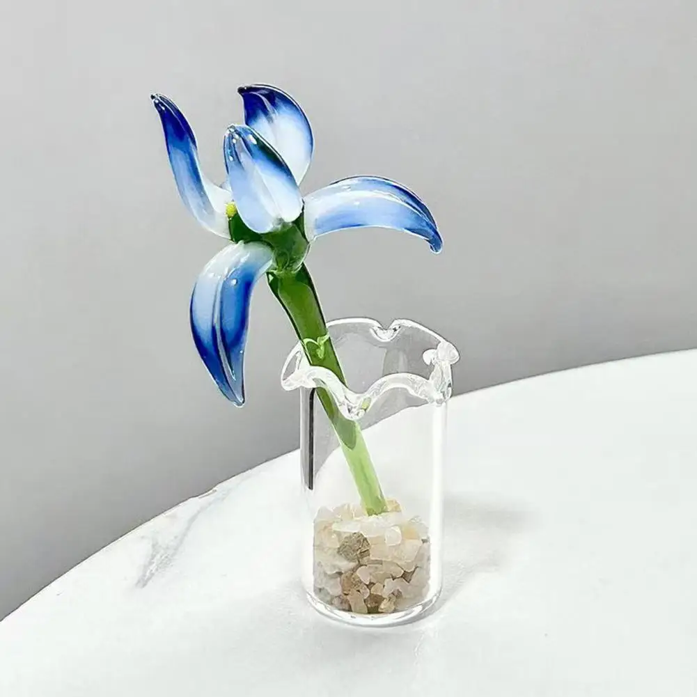 Glass Flower Ornament Handmade Glass Orchid Flower Decoration Hand-blown Mini Floral Ornament with Stem Colorful Indoor for Home