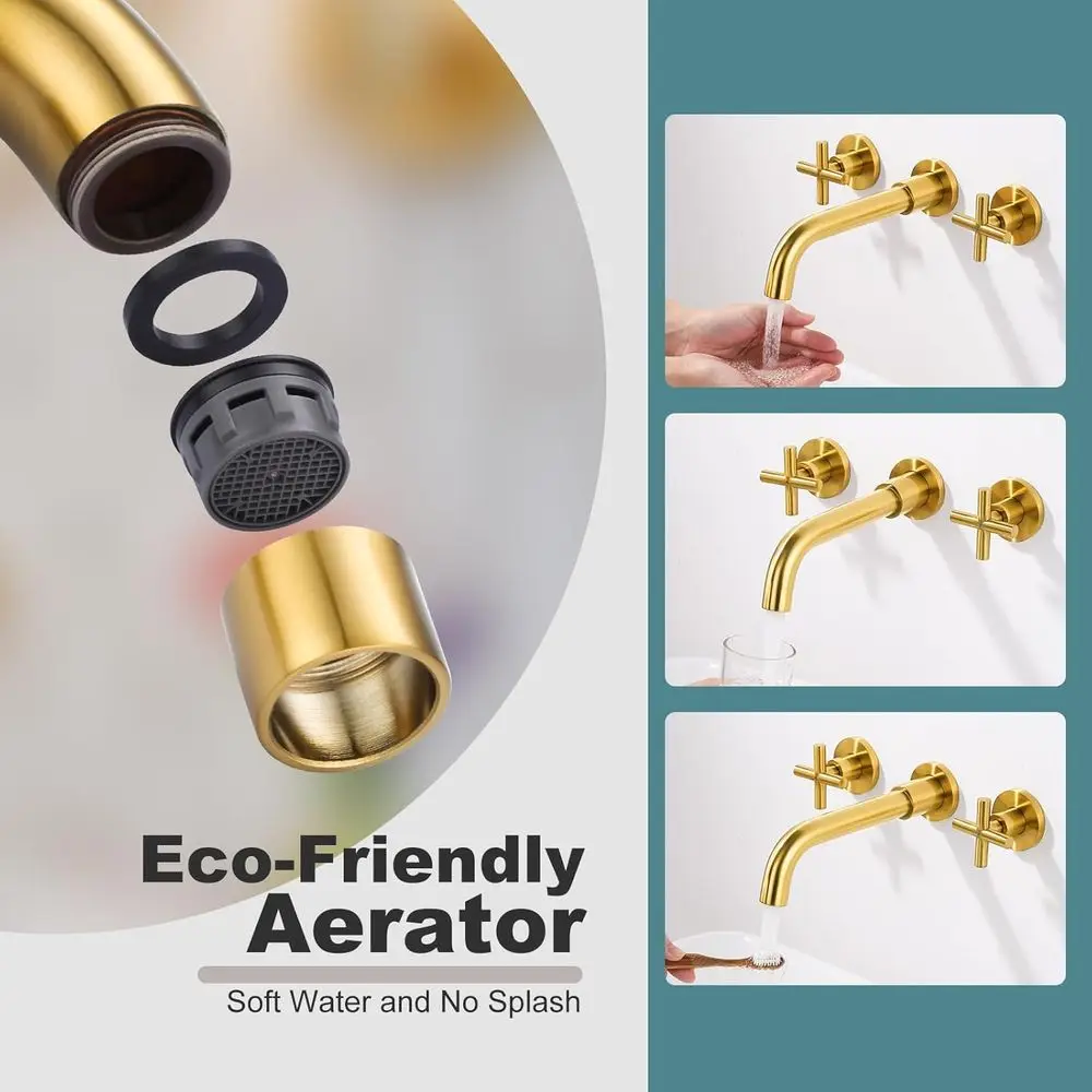 Rubinetto per lavabo a parete con montaggio a parete in oro spazzolato a 2 maniglie con valvola in ottone