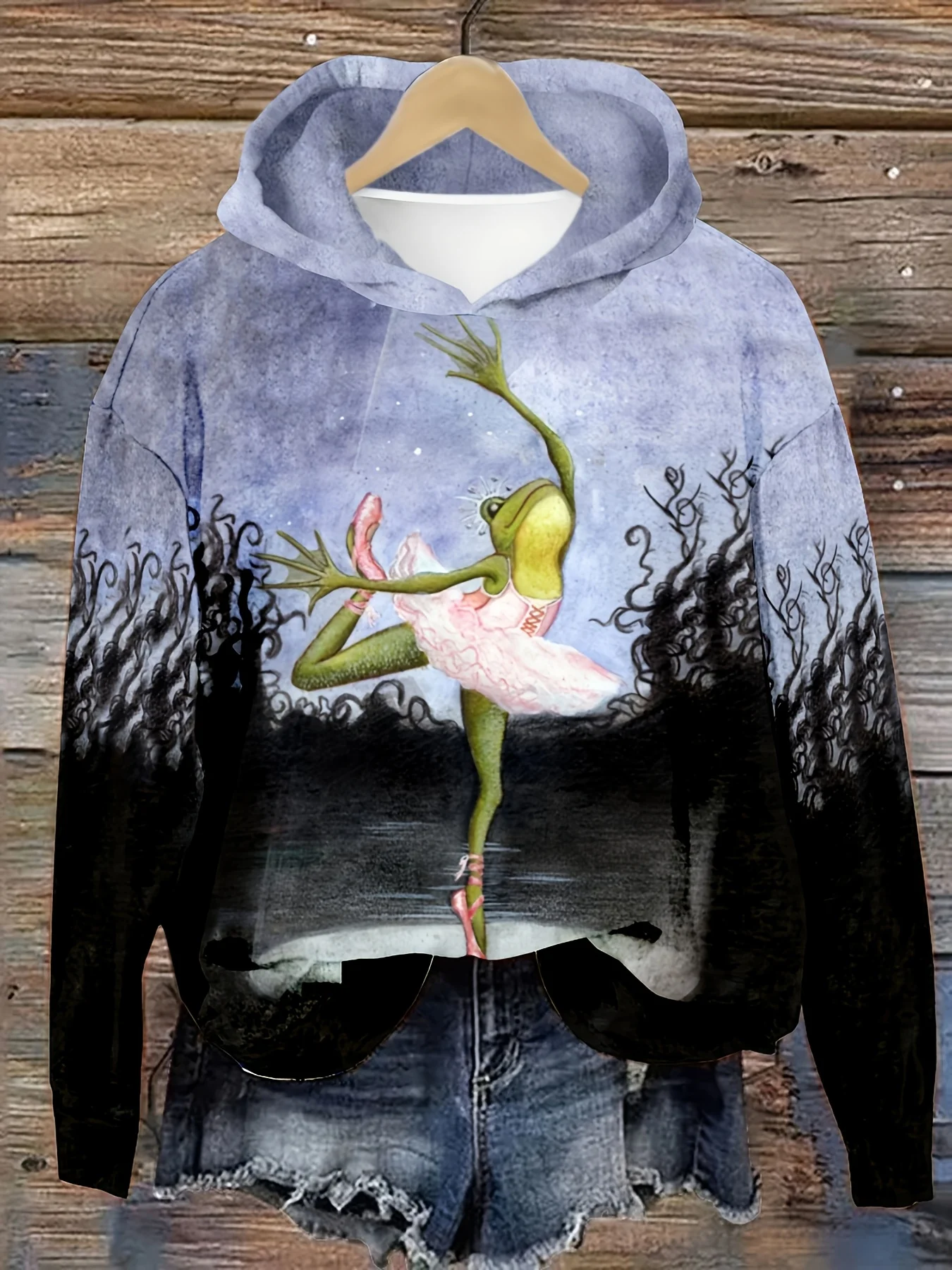 

PLstar Cosmos 3D Printed Japanese Wave Green Frog Pattern Women's Casual Hoodie