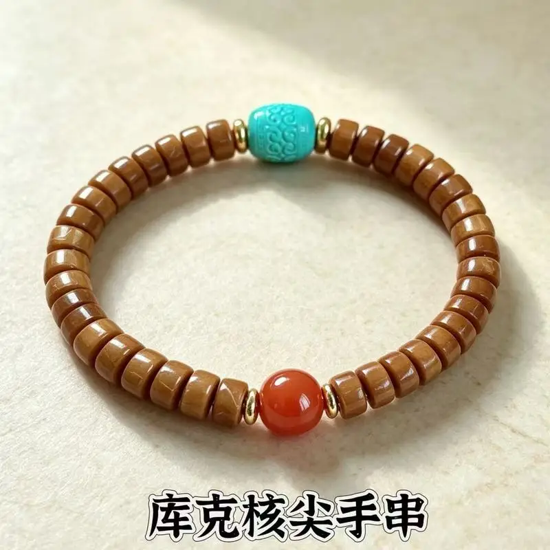 Nuclear- straight-cut pill-shaped single-strand bracelet turquoise and South Red agate beads unisex antique-sty