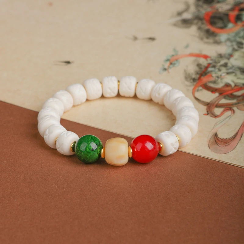 Single-loop Tibetan-style deer bone with imitation ox horn and passion seed , Buddhist beads, unisex bracelet acce