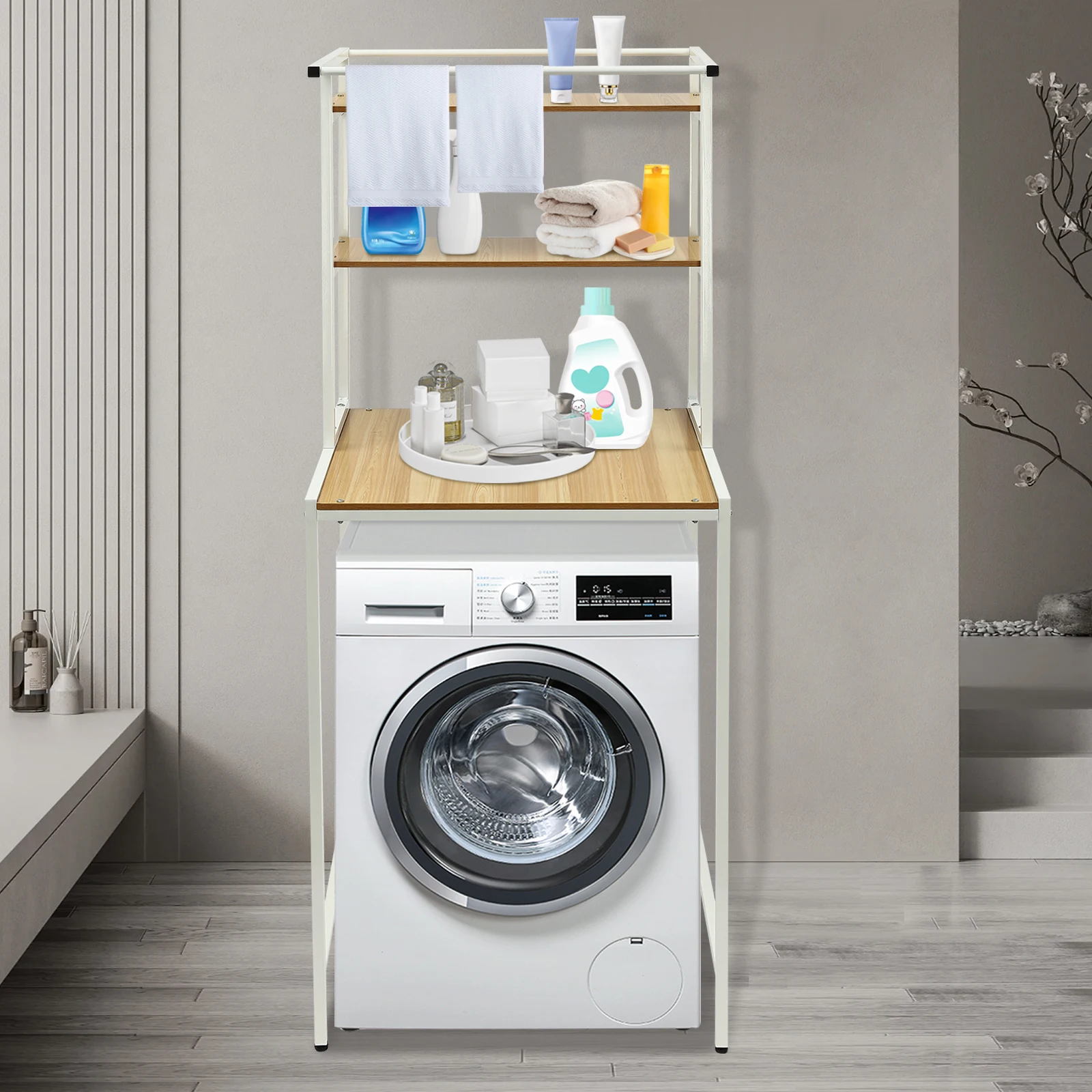 رف تخزين للغسالة والمجفف، رف منظم للحمام من 3 طبقات، رف تخزين قائم موفر للمساحة #1