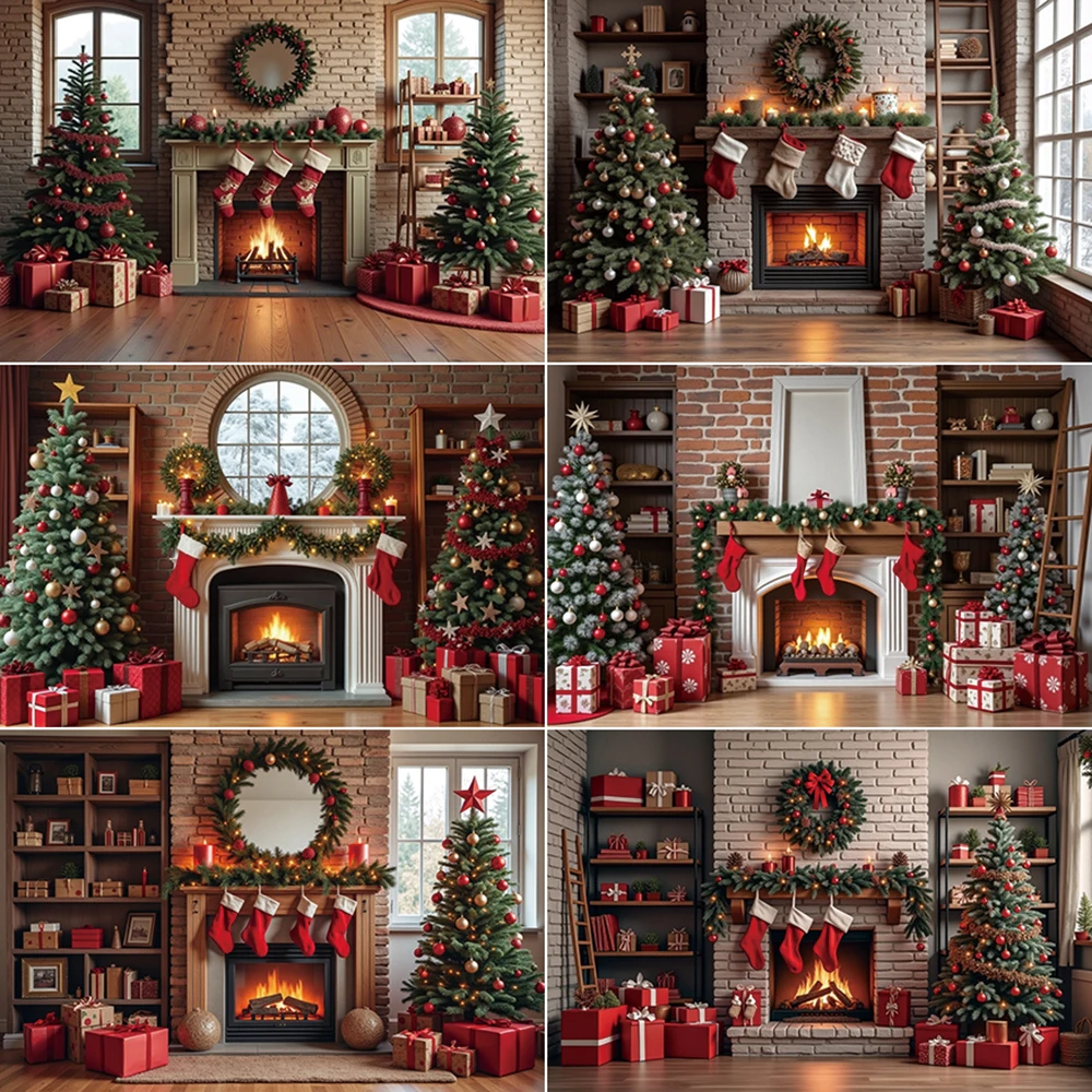 

MOON.QG Brick Fireplace Christmas Tree Background Xmas Wreath Gifts Teddy Bear Photocall Backdrop Baby Photography Studio Props