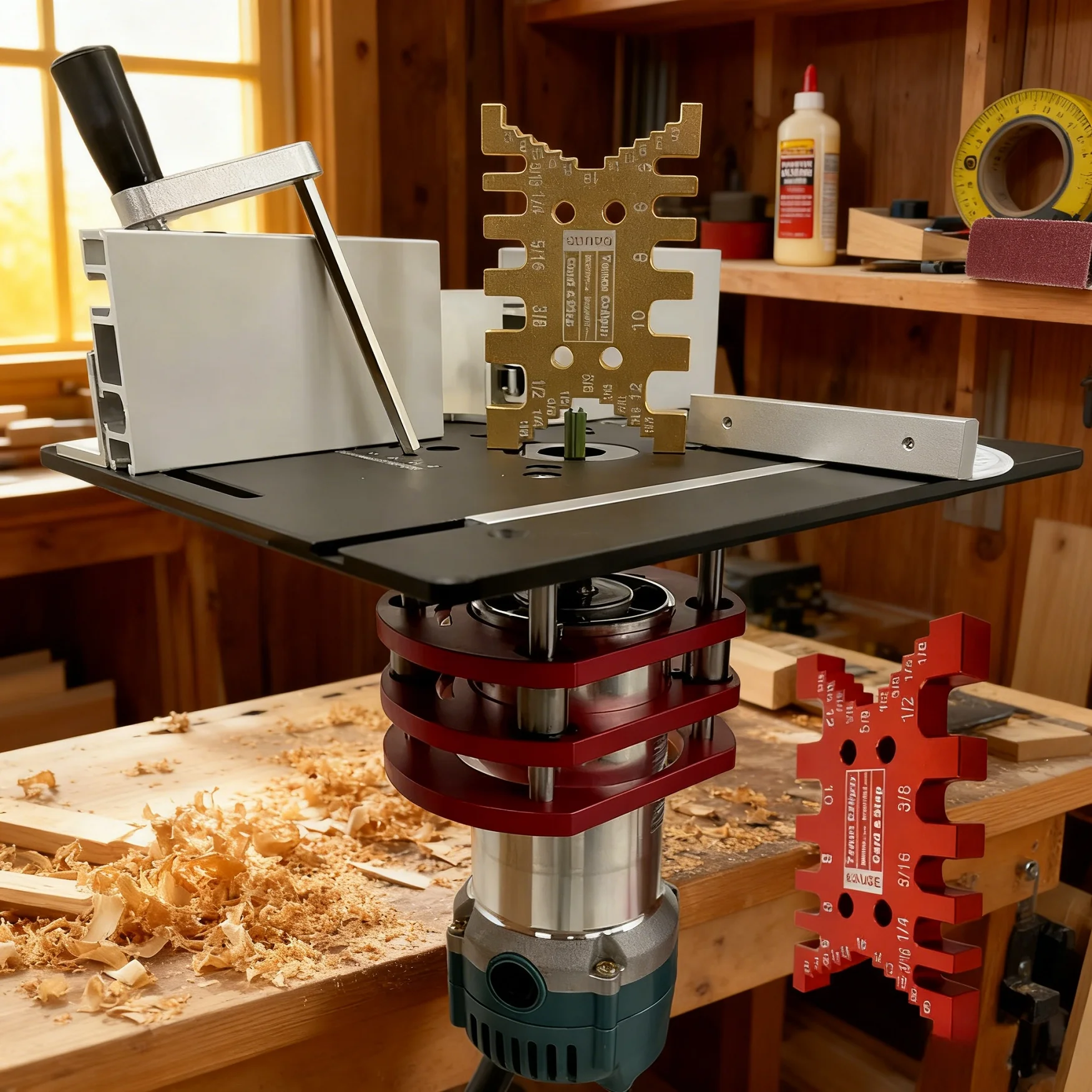 Manual Lifting Router Kit, Router Table Saw Insert Base Plate Precision Carpentry Tenon Gauge, for Slotting Trimming Chamfering