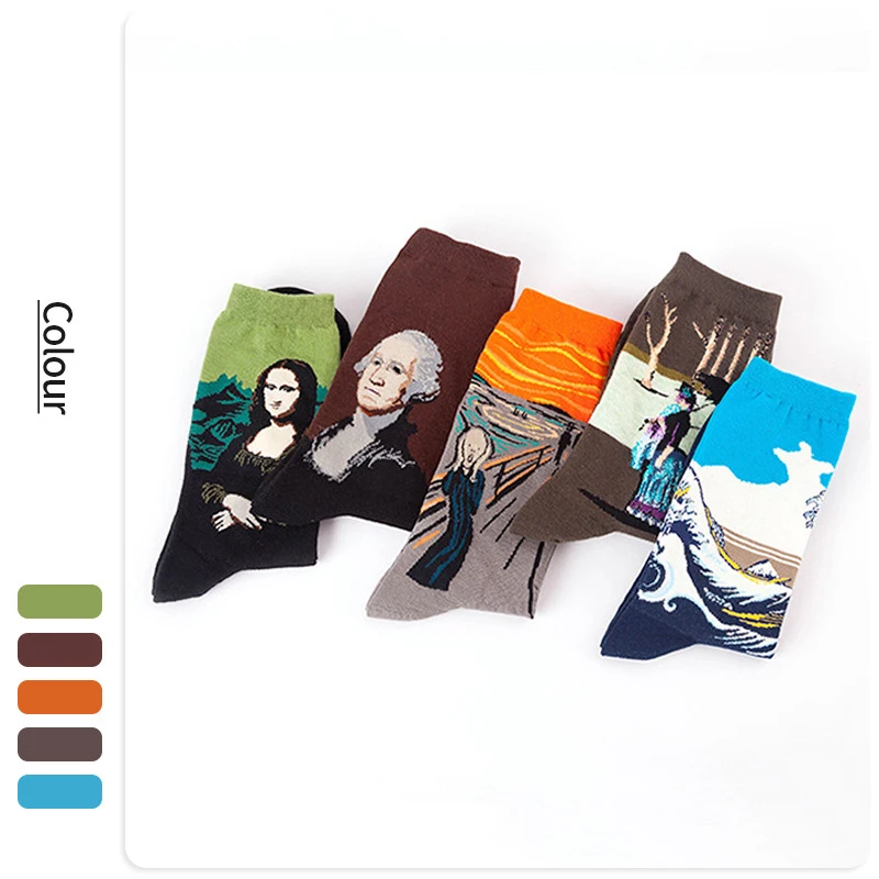 1 Pair Men Cotton Retro Abstract Oil Painting Art Socks Shout Modern Van Gogh Starry Night Happy Oil Painting Skateboard Sock