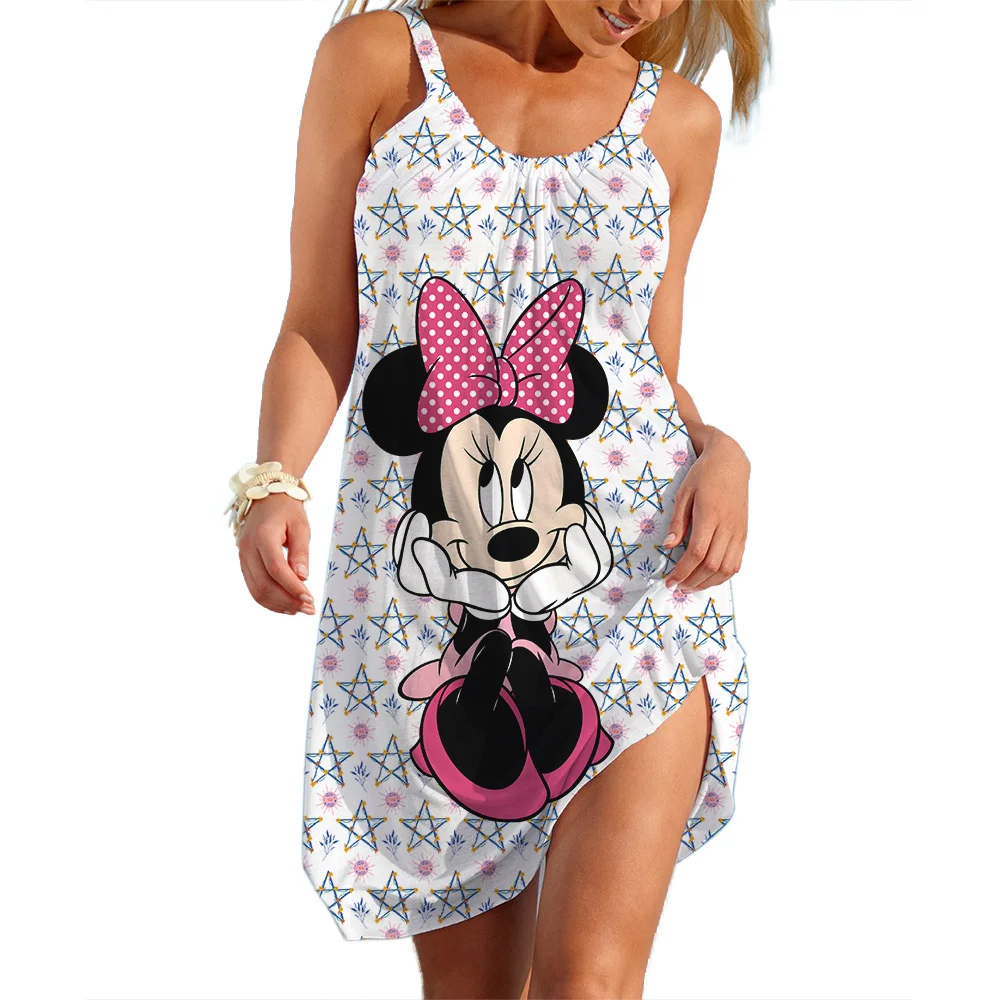 Disney Mickey Minnie Slip Dresses For Woman Summer 3D Print Clothing Cartoon Women's Beach Dress Cute Sexy Sling Beach Cool Top