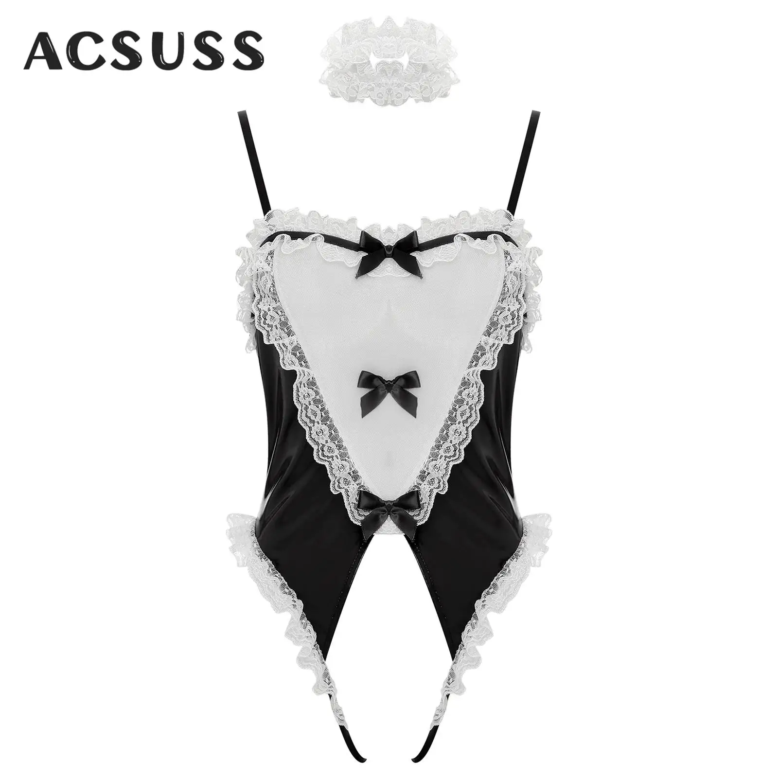 Kobiety seksowne francuska pokojówka króliczki body koronki z falbankami przezroczysta siateczka trykot Bodycon z koronką Choker koszula nocna do klubu nocnego