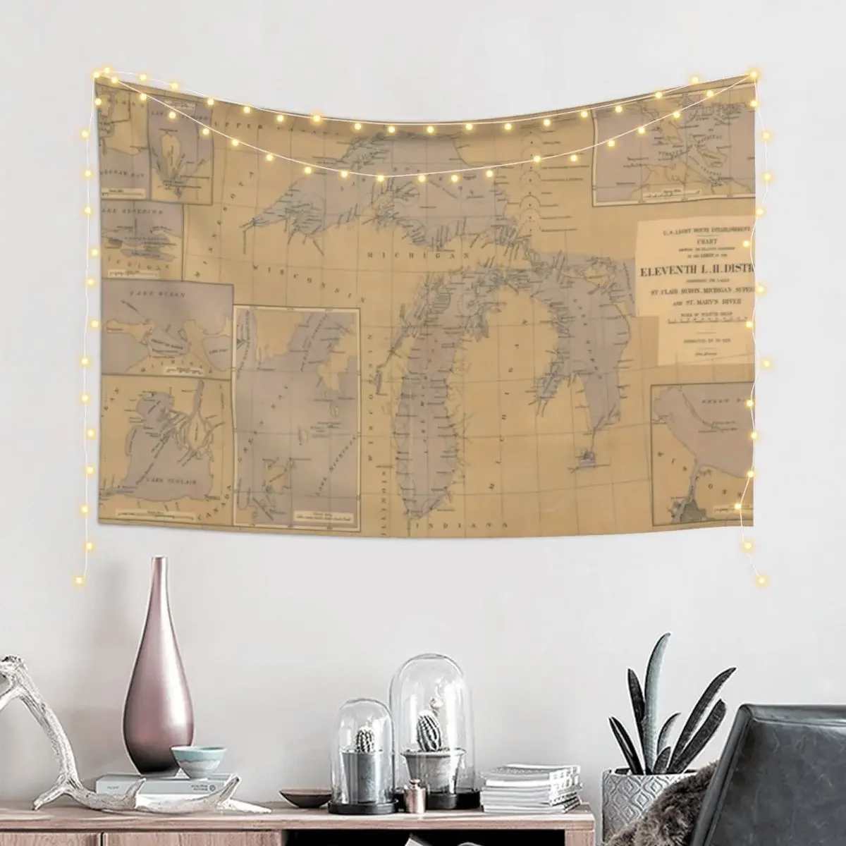 Vintage Lake Michigan, Huron & Superior Lighthouse Map (1875) Tapestry Art Mural Decoration Bedroom Tapestry