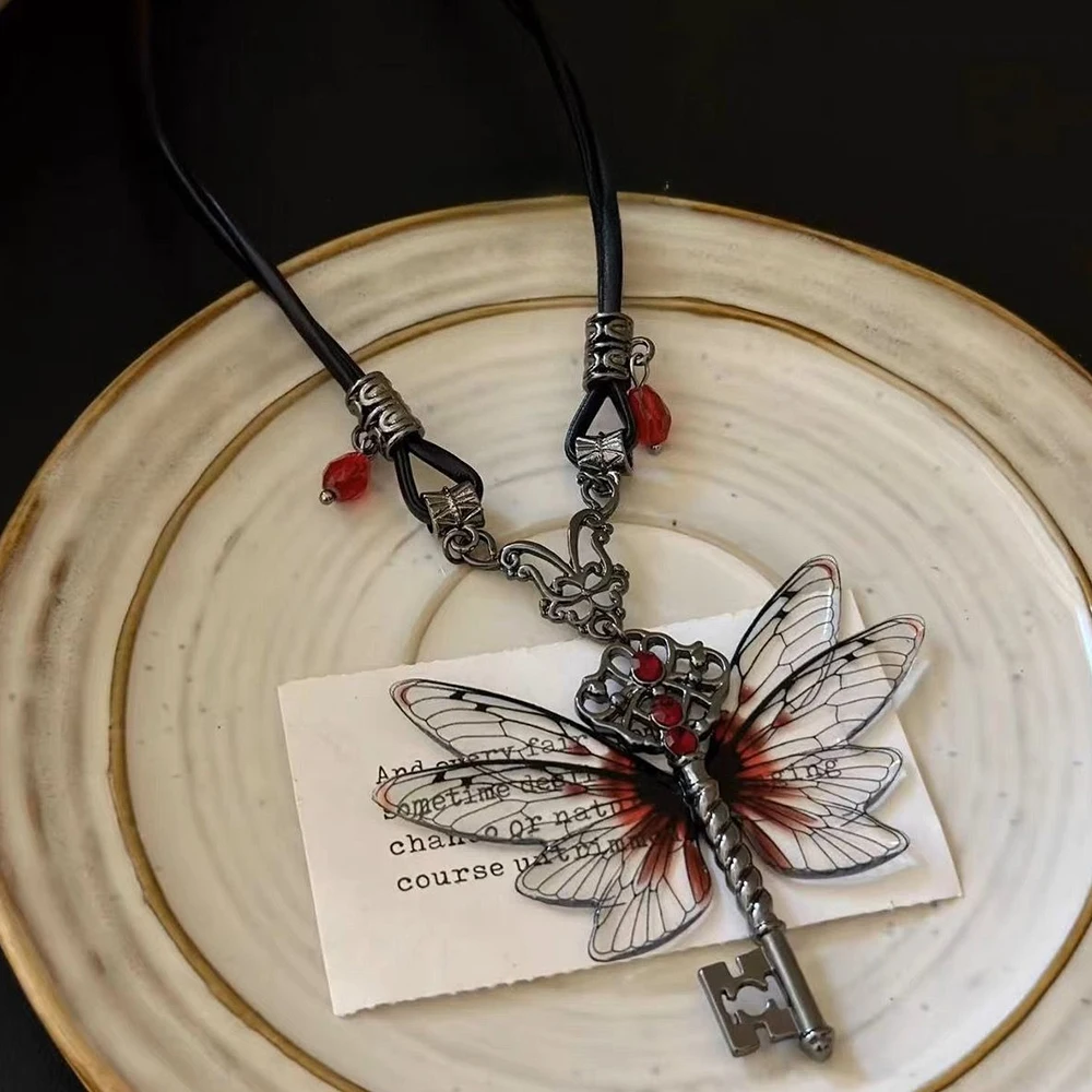 Y2K Dragonfly Necklace Key Chain Leather Rope Choker Chain Hip Hop Zircon Halloween Prop image 4