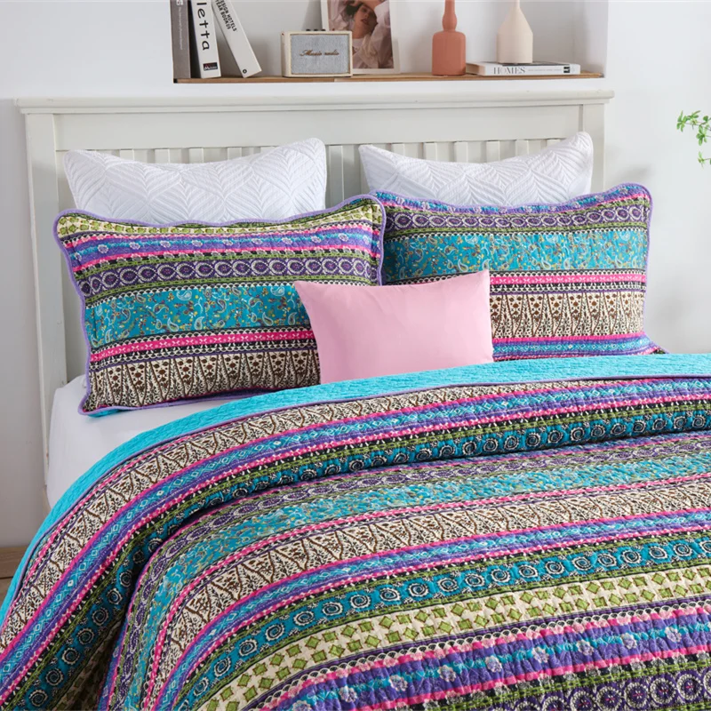 1Pc Boho Colorful Full Queen Quilt Cover for Summer Bohemian Floral Striped Lightweight Bedspread Brushed Microfiber All Season