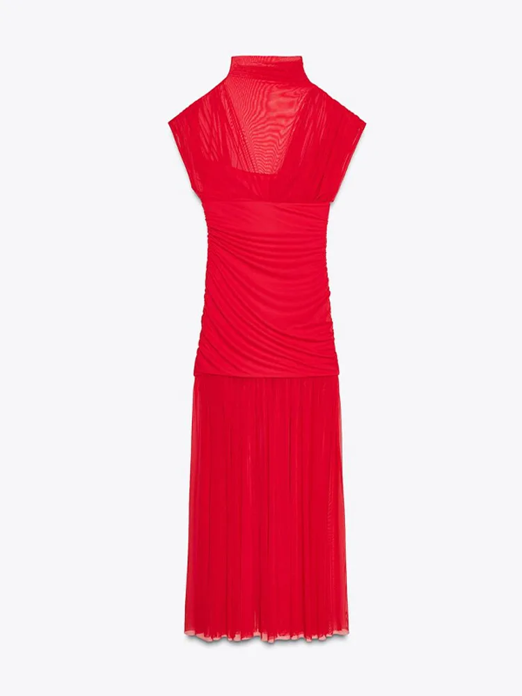 Seksowna czerwona plisowana siateczka długa czerwona sukienka bez rękawów przepuszczalność Patchwork sukienki w kształcie litery A kobiece 2025 letnia dama wąskie szaty