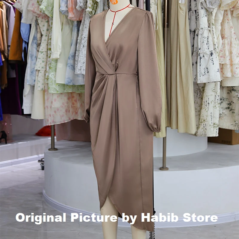 Women Maxi Satin Dress Solid Draped Dress Silk V-Neck Satin Long Sleeve Evening Party Office Lady Midi Dresses Sexy Chic Robes