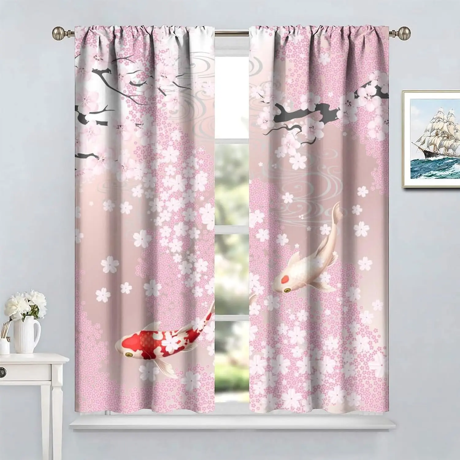 Koi Fish Curtains for Bedroom, Japanese Style Yin Yang Big Wave Cherry Blossom Window Treatments for Living Room, Oriental Koi