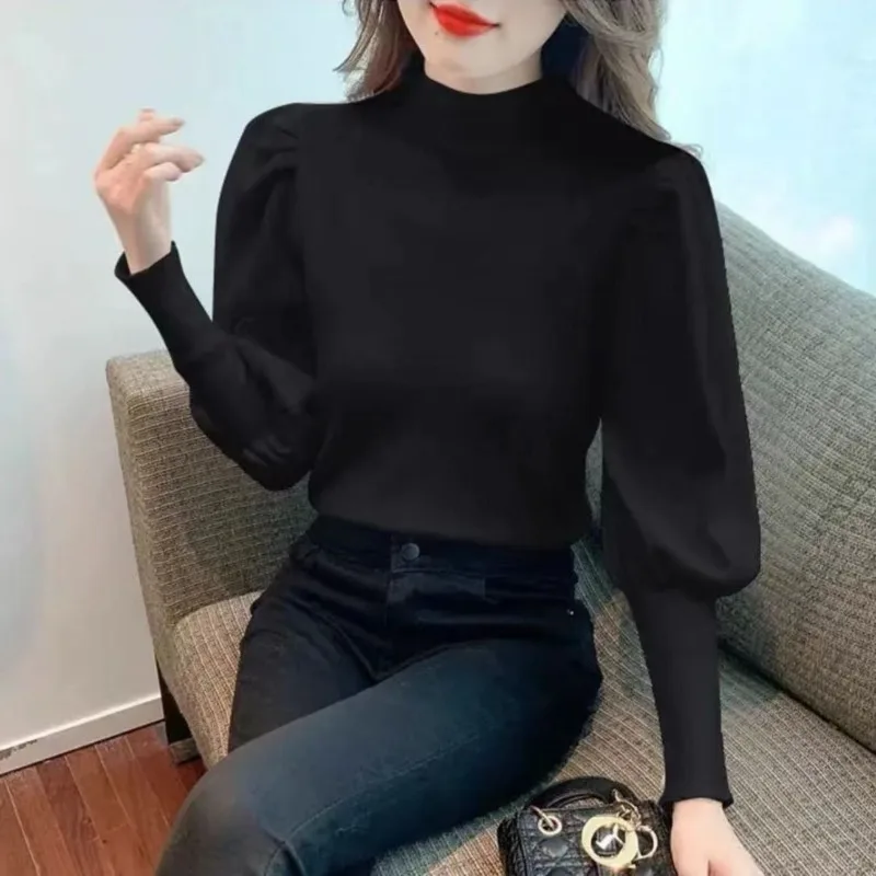 2025 nuevo suéter Casual de Otoño Invierno, jerséis básicos ajustados, moda coreana, Top de punto con mangas abullonadas, suéter para mujer, jerséis elásticos