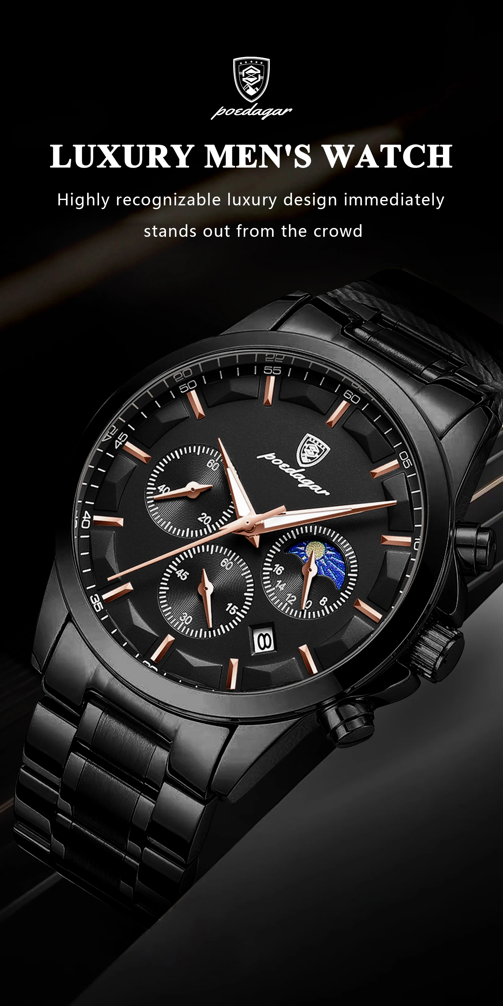 POEDAGAR Top Mode herren Uhren Wasserdicht Leuchtende Edelstahl Männer Armbanduhr Chronograph Datum Quarz Business Mann Uhr – Detail 2