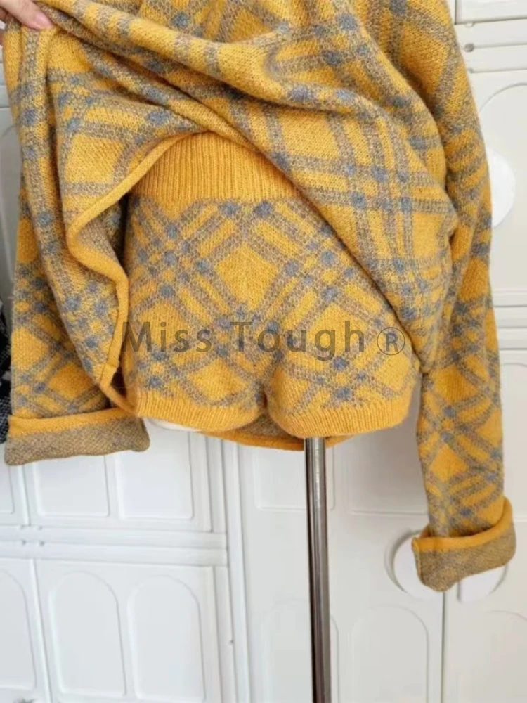 Korean Retro Knit Plaid Chic Two Piece Sets Women Long Sleeve Sweater + Slim Short Pants Winter Knitted Casual High Street Suits