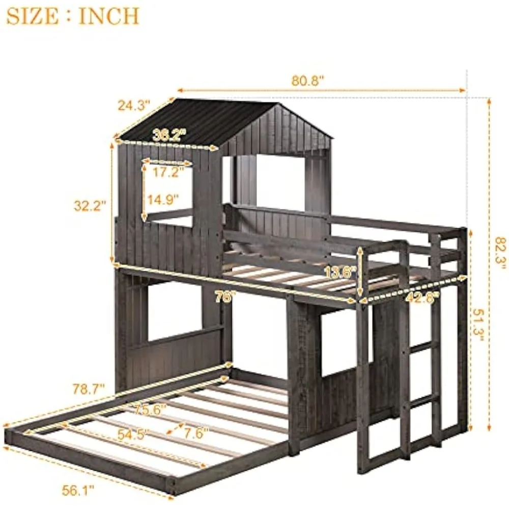 House Bunk Beds, Twin Over Full Bunk Bed Wood Playhouse Bunkbed Low Bed Frame for Kids Toddlers Girls/Boys