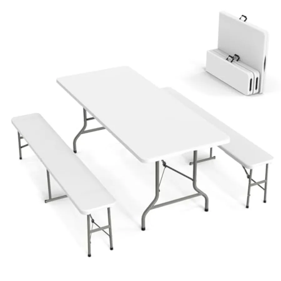 

Picnic Table Set with 2 Benches, 6 Feet Camping Table Chair Set, 3-Piece Folding Furniture for Indoor or Outdoor Use, Smooth Wh