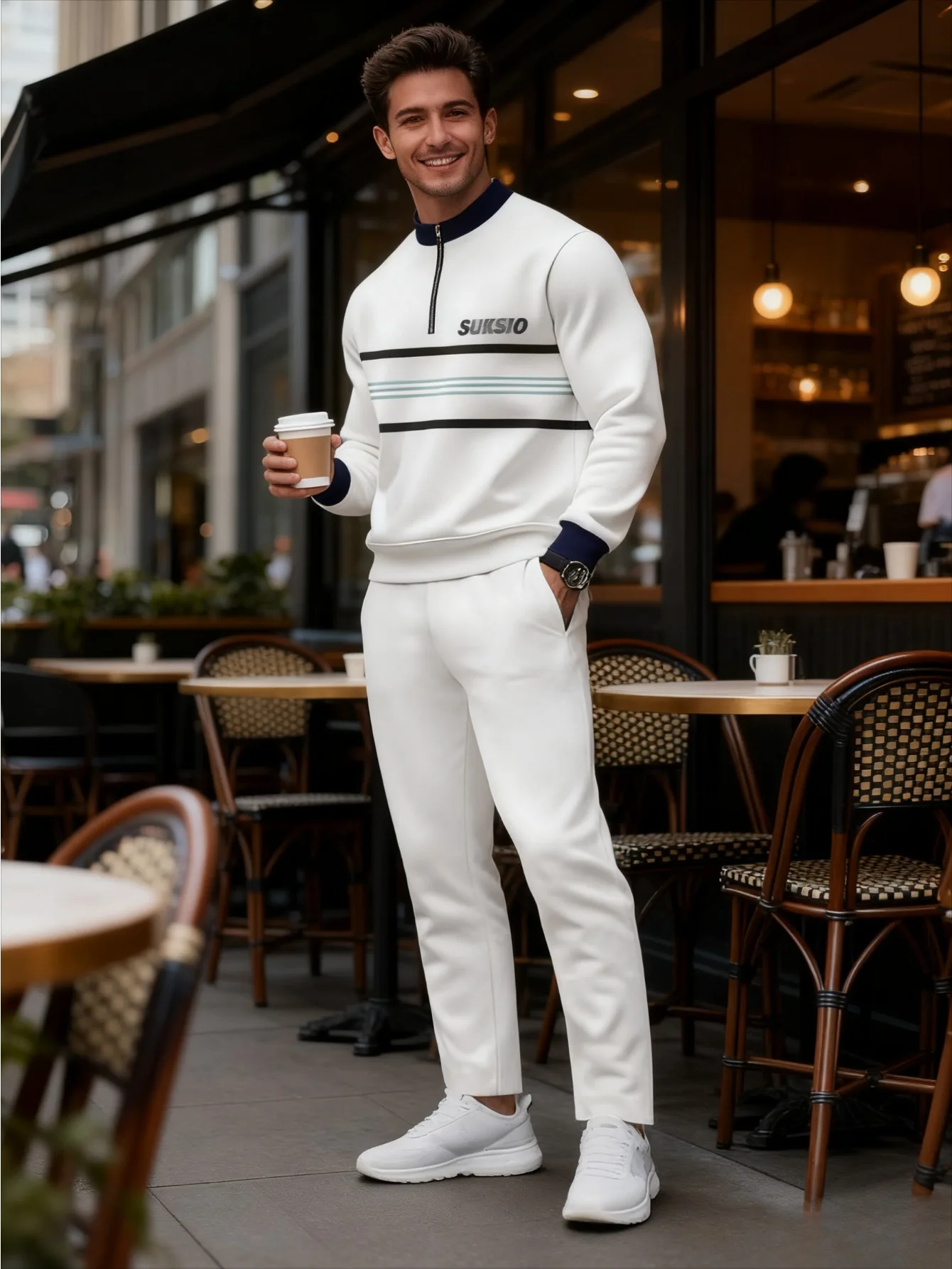 Conjunto de 2 piezas, conjunto deportivo de manga larga y pantalones largos a la moda para hombres europeos y americanos