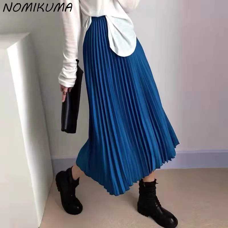 Nomikuma 2023 Autumn Candy Color Pleated Mid Length Skirts High Elastic Waist Korean Versatile Causal A-line Long Skirt Mujer