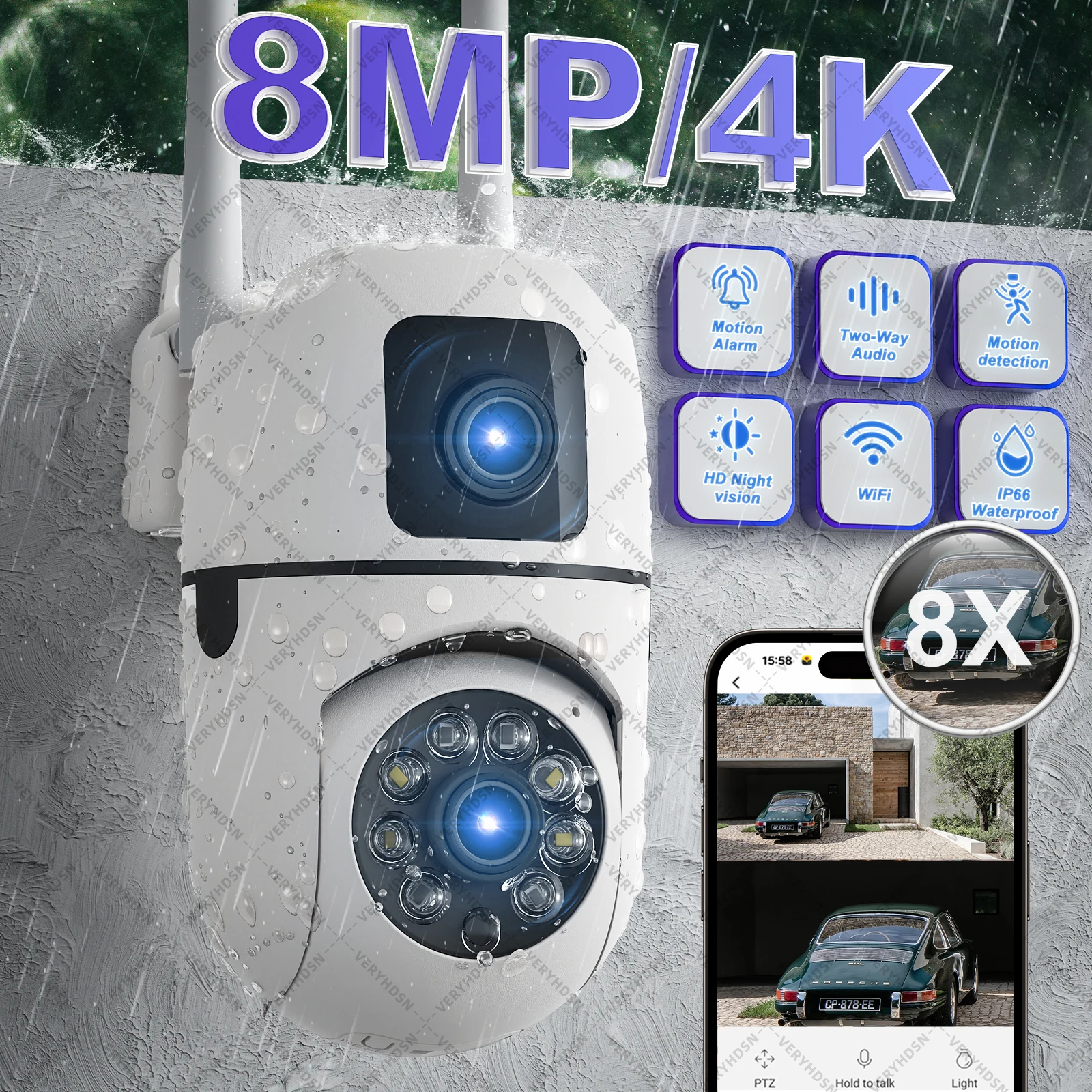 8MP Dual Lens IP Camera Wifi Surveillance Camera Outdoor Dual Screen PTZ AI Auto Tracking Waterproof Security Protection Video