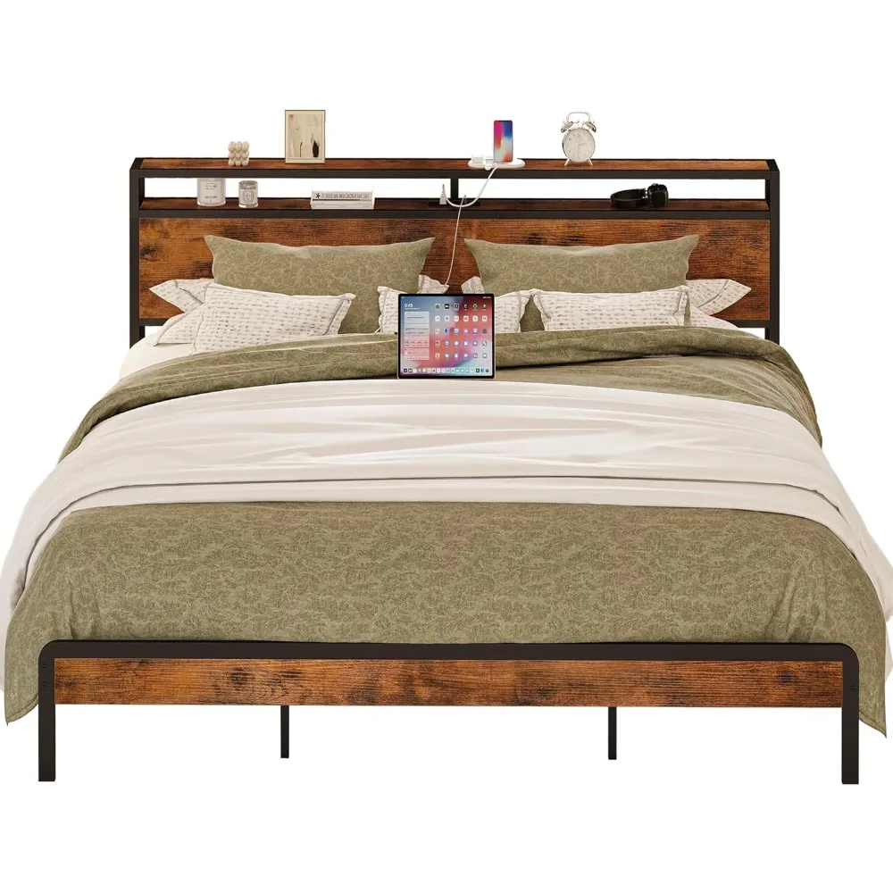 

Bed Frame,Platform Bed with 2-Tier Storage Headboard and Power Outlets, USB Ports Charging Station, Sturdy