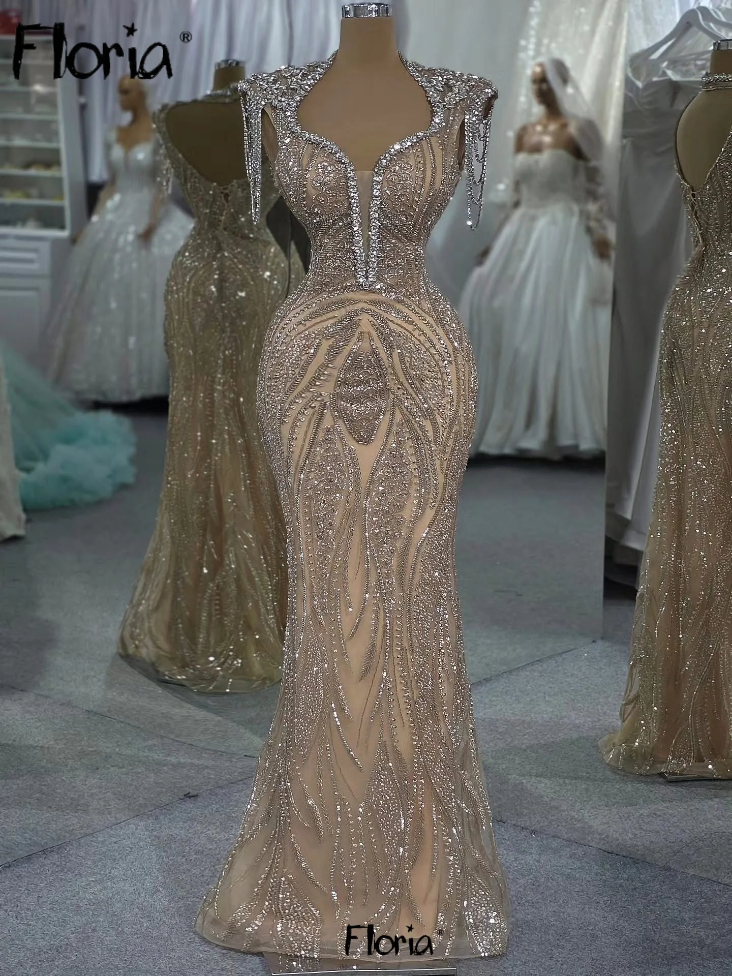 Robes De Soirée Short Sleeve Long Prom Dresses Beaded Lace Champagne Wedding Party Gowns Customized Birthday Events Night Dress