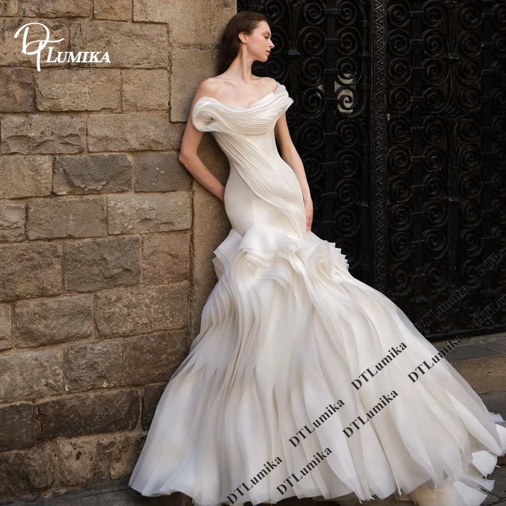 Draped Mermaid Wedding Dress 3D Ruffle Organza Bridal Gown Long Train Custom Made Minimalist White Wedding Dresses For Bride