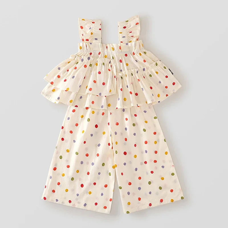 

Новинка 2023 года, летняя детская одежда, костюм для детей от 2 до 7 лет, комплект одежды для маленьких девочек, хлопковый жилет без рукавов с принтом в горошек + штаны