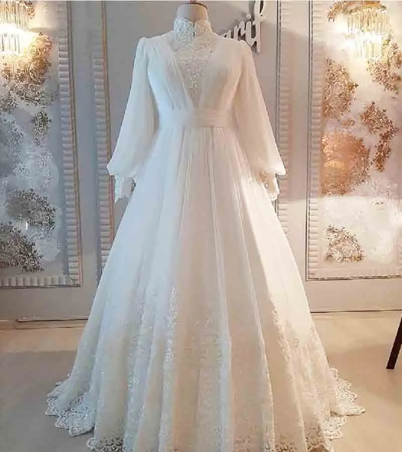 Fashion Muslim Wedding Dress Long Sleeve High Neck Lace A Line Country Boho Bridal Gowns Appliques Morrocan Bride Customized