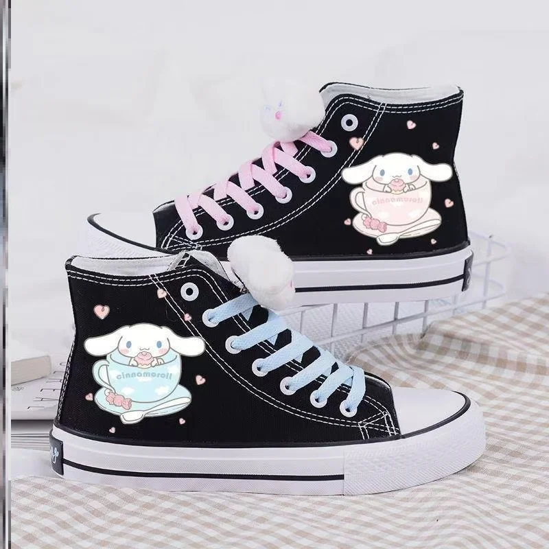 Kulomi Cinnamoroll Doll High Top Canvas Shoes for Girls Cartoon White Shoes Graffiti Hand drawn Cute Fairy Board Shoes