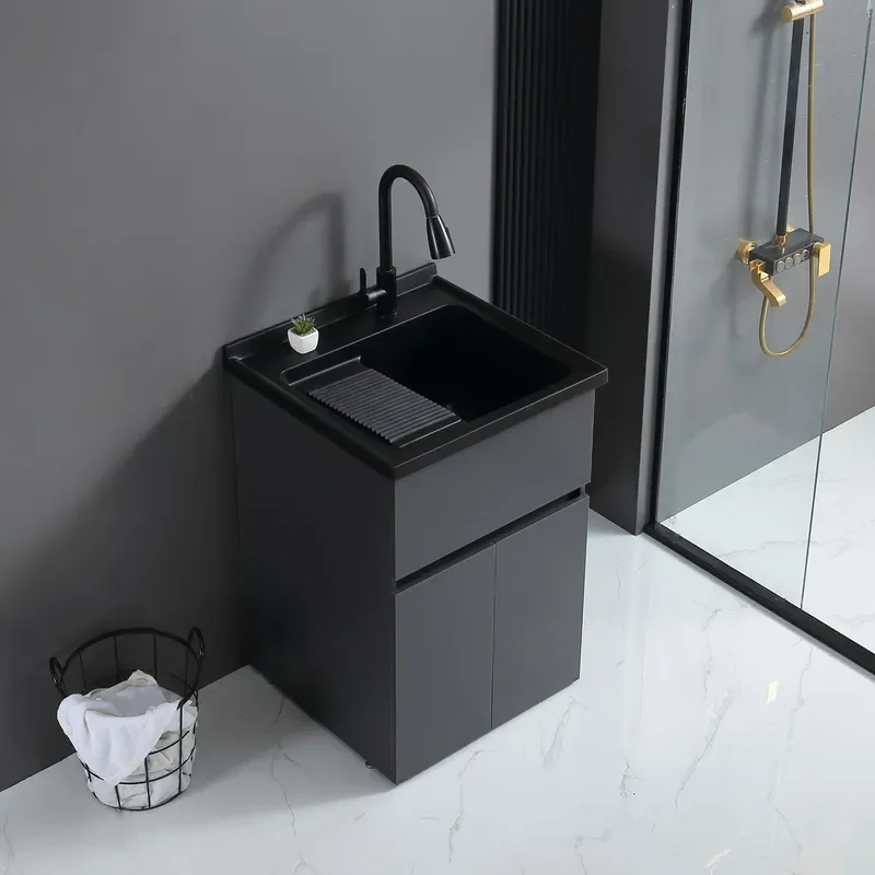 Black Solid Wood Laundry Cabinet with Quartz Sink Washboard 304 Faucet Multi Layer Utility Basin for Washing Machine Area