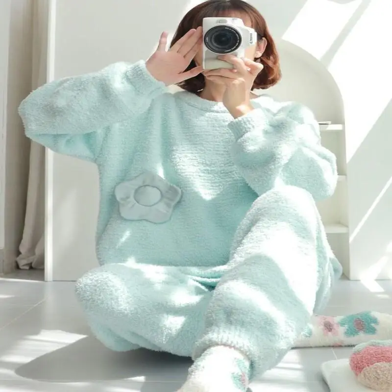 Pjs Set Flowers Thicken Women's Pajama Set Women's Warm Winter Pajamas Fashionable Home Clothes Pajamas Cute and Soft Pajama Set