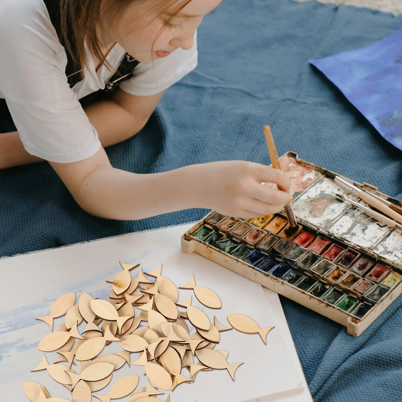 

100Pcs Wooden Fish Decor Natural DIY Wooden Slices for Kids Painting Craft Projects Educational Art Activity Supplies