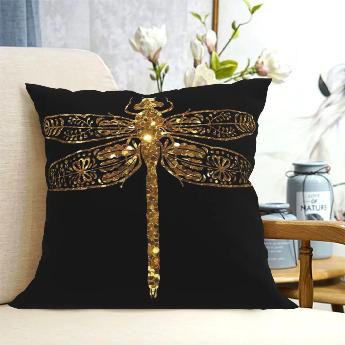 Fancy Gold Glitter Dragonfly Square Pillowcase Cushion Cover Pillow Case Throw Pillow Cover for Home Bedroom Car