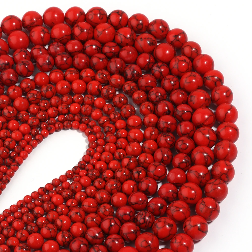 4 6 8 10 12mm Red Natural Turquoise Stone Beads Black Stripes Loose Spacer Round Beads For DIY Craft Bracelet Necklace Jewelry