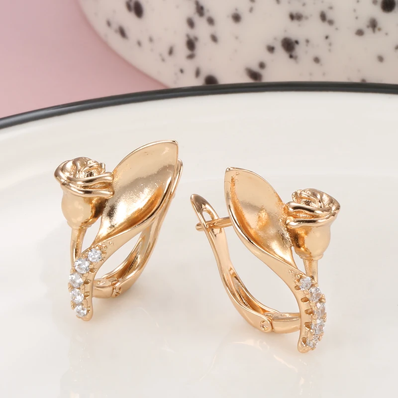 SYOUJYO 585 Rose Golden Luxury Flower Earrings For Women Elegant Natural Zirconia Weeding Jewelry Gift Fashion Romantic Earrings